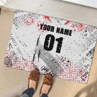 Motocross Rider Rubber Doormat with Abstract Grunge Brush and Custom Number in Red and Black Splatter Design - Wonder Print Shop