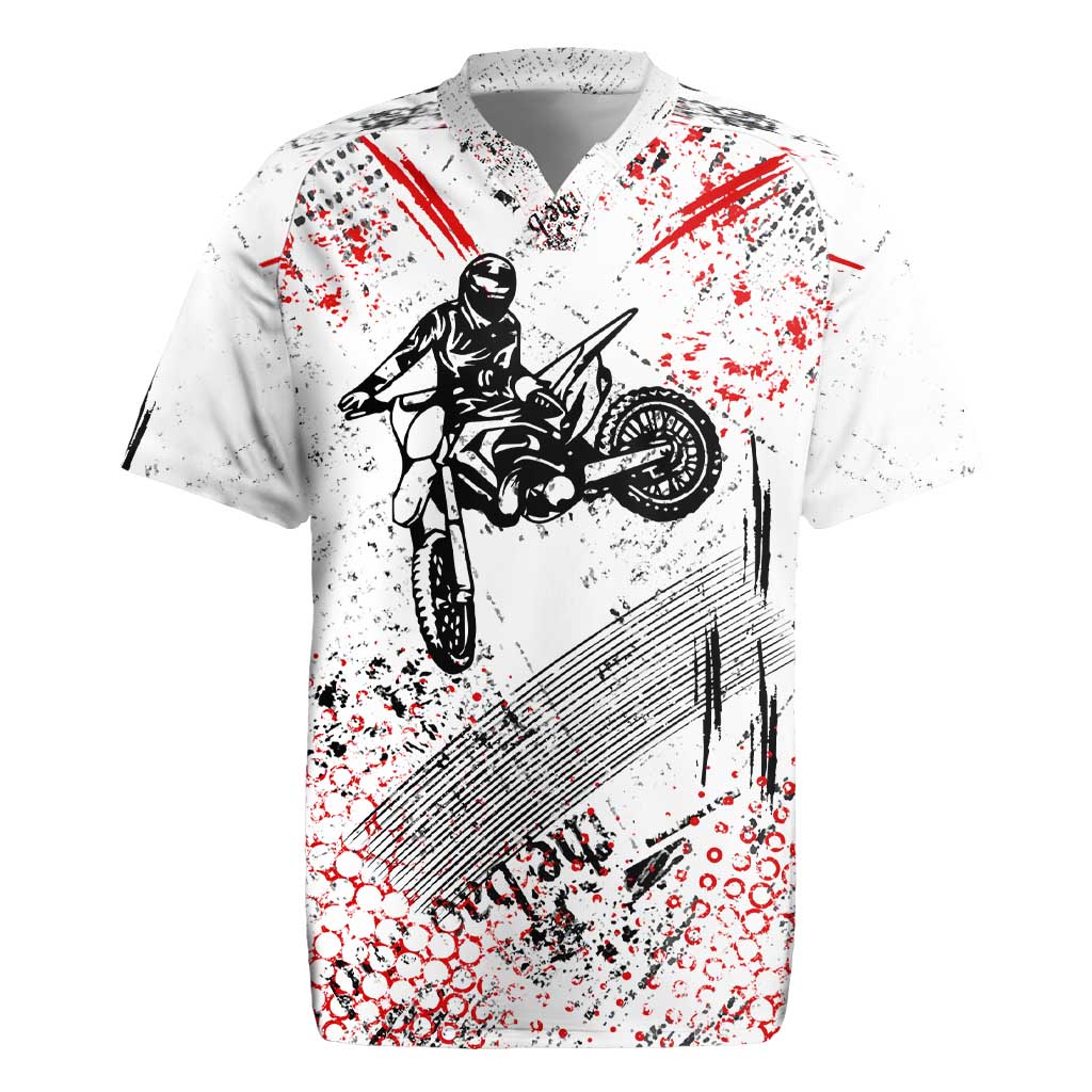 Motocross Rider Rugby Jersey with Abstract Grunge Brush and Custom Number in Red and Black Splatter Design - Wonder Print Shop