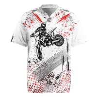 Motocross Rider Rugby Jersey with Abstract Grunge Brush and Custom Number in Red and Black Splatter Design - Wonder Print Shop