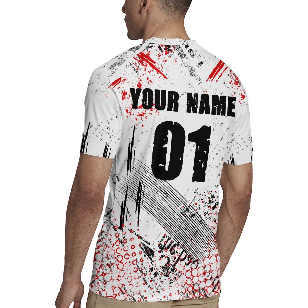 Motocross Rider Rugby Jersey with Abstract Grunge Brush and Custom Number in Red and Black Splatter Design - Wonder Print Shop