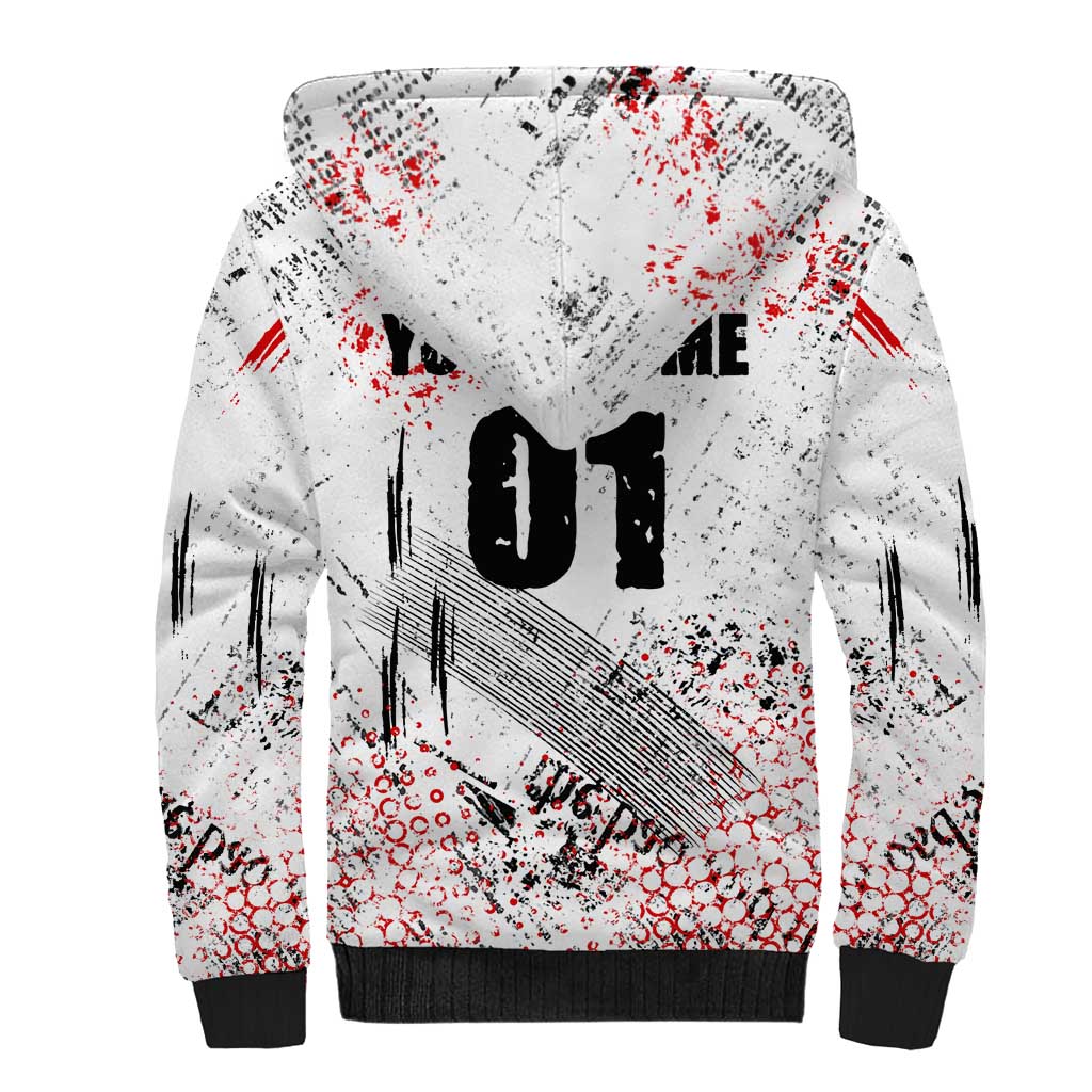 Motocross Rider Sherpa Hoodie with Abstract Grunge Brush and Custom Number in Red and Black Splatter Design - Wonder Print Shop