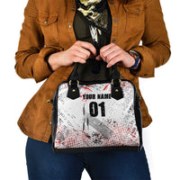 Motocross Rider Shoulder Handbag with Abstract Grunge Brush and Custom Number in Red and Black Splatter Design - Wonder Print Shop