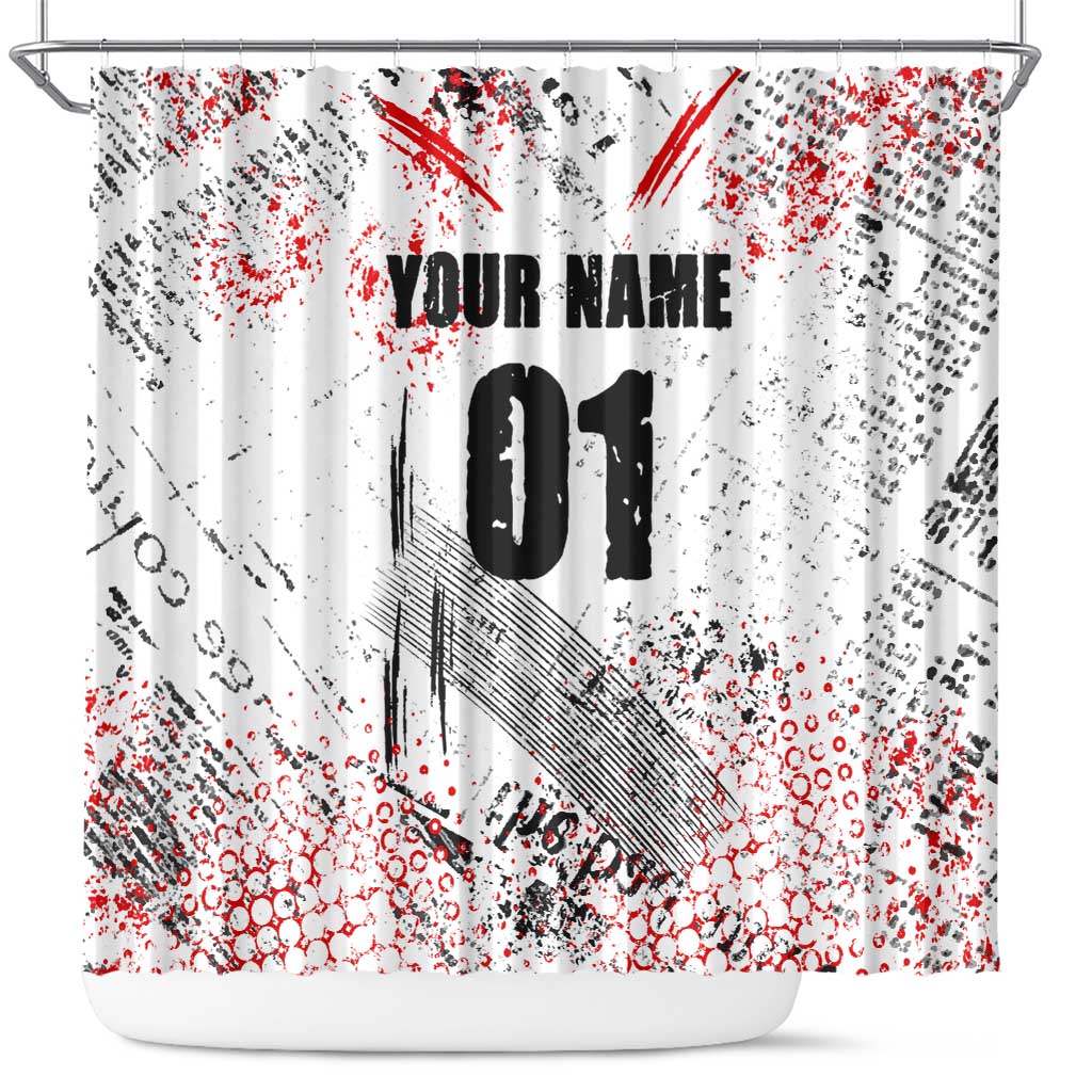 Motocross Rider Shower Curtain with Abstract Grunge Brush and Custom Number in Red and Black Splatter Design - Wonder Print Shop