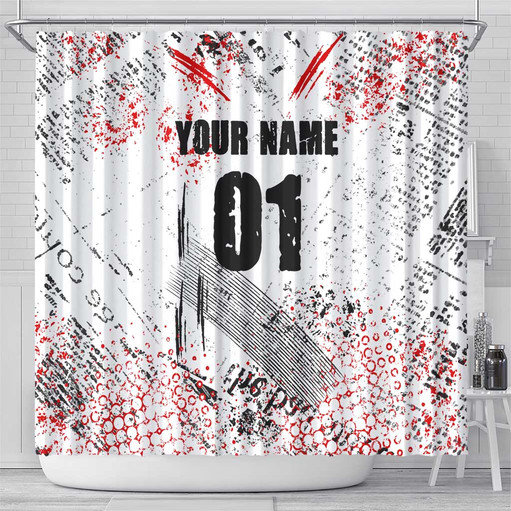 Motocross Rider Shower Curtain with Abstract Grunge Brush and Custom Number in Red and Black Splatter Design - Wonder Print Shop