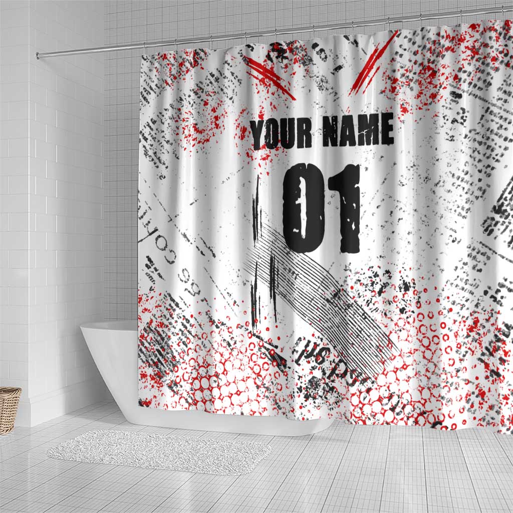 Motocross Rider Shower Curtain with Abstract Grunge Brush and Custom Number in Red and Black Splatter Design - Wonder Print Shop