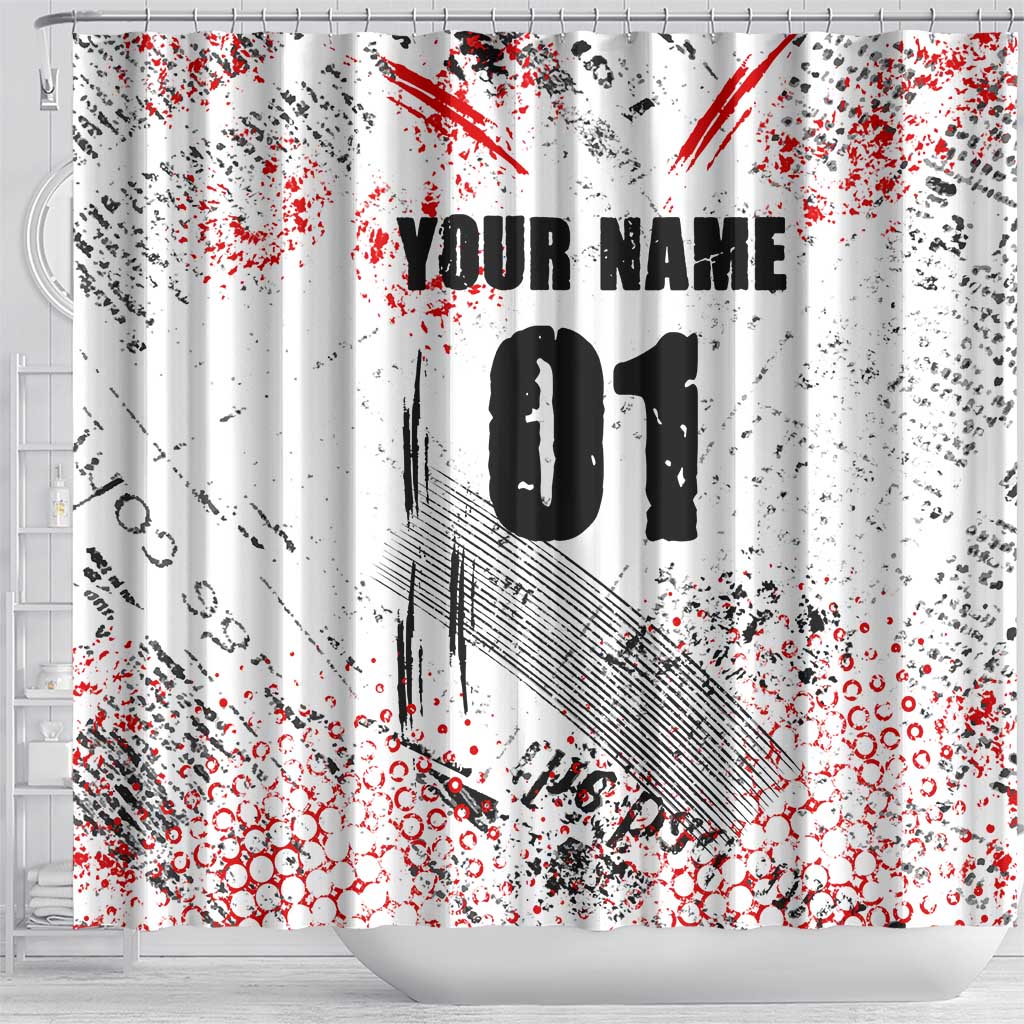 Motocross Rider Shower Curtain with Abstract Grunge Brush and Custom Number in Red and Black Splatter Design - Wonder Print Shop