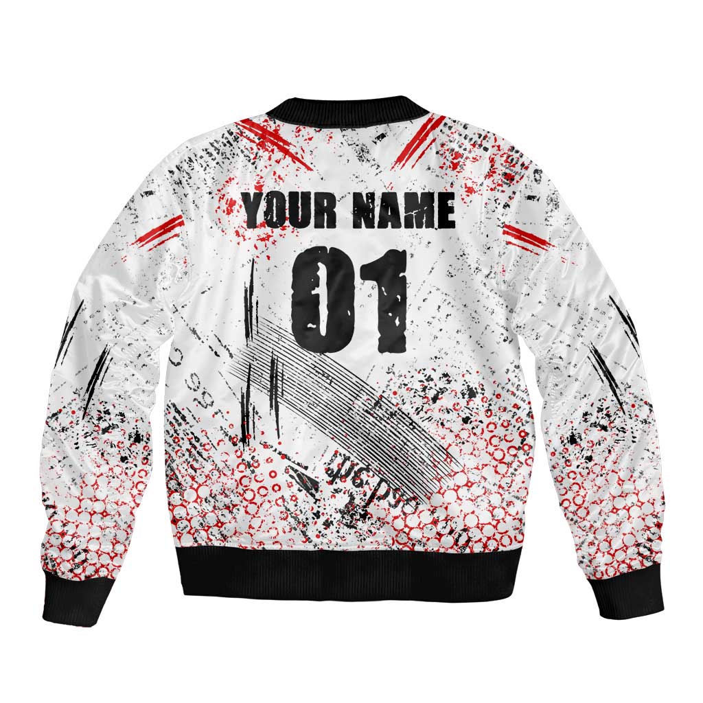 Motocross Rider Sleeve Zip Bomber Jacket with Abstract Grunge Brush and Custom Number in Red and Black Splatter Design - Wonder Print Shop
