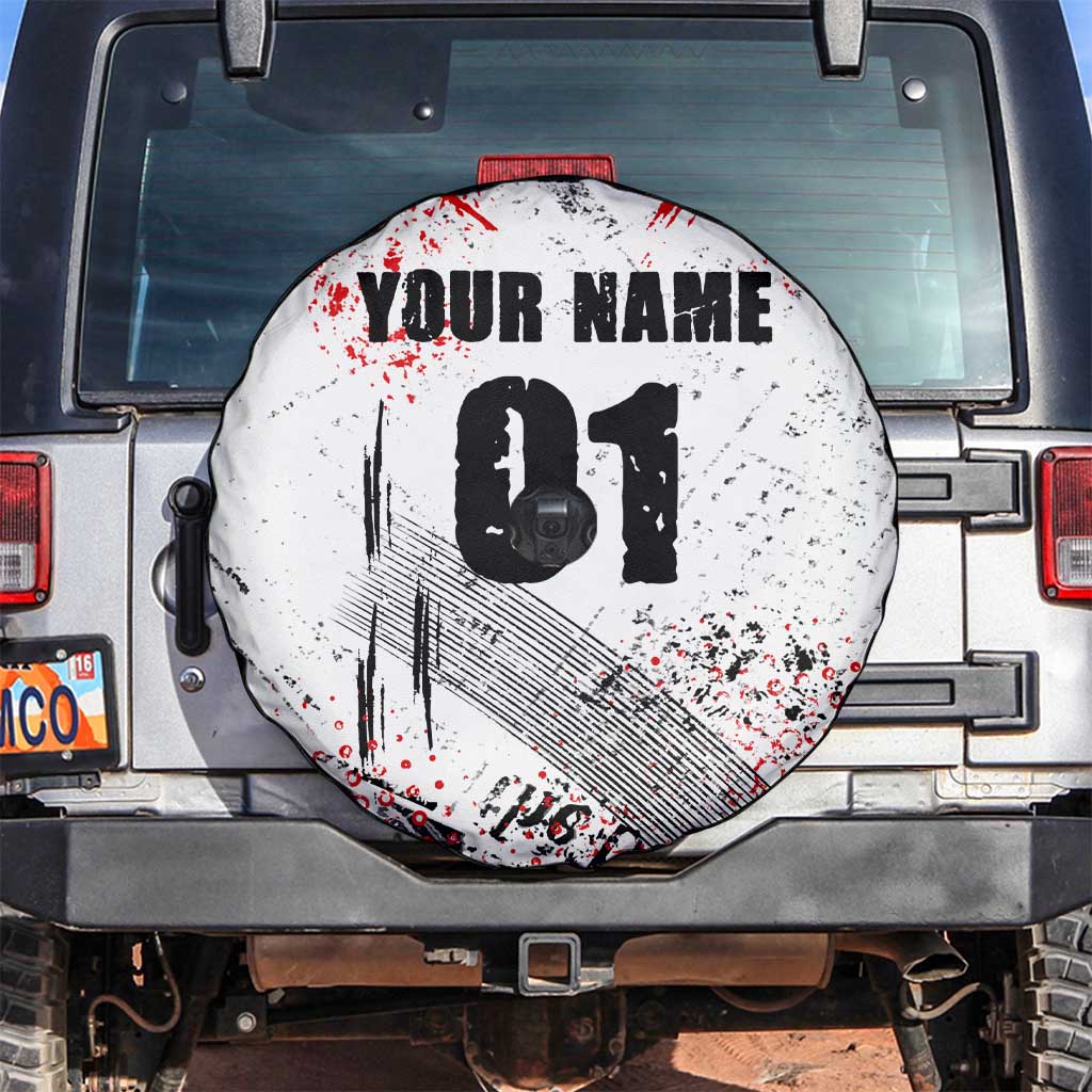 Motocross Rider Spare Tire Cover with Abstract Grunge Brush and Custom Number in Red and Black Splatter Design - Wonder Print Shop