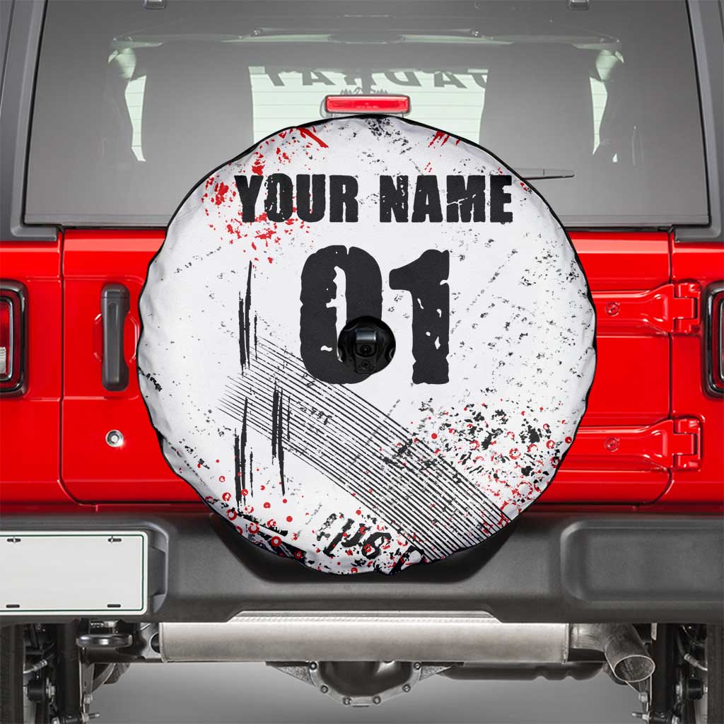 Motocross Rider Spare Tire Cover with Abstract Grunge Brush and Custom Number in Red and Black Splatter Design - Wonder Print Shop