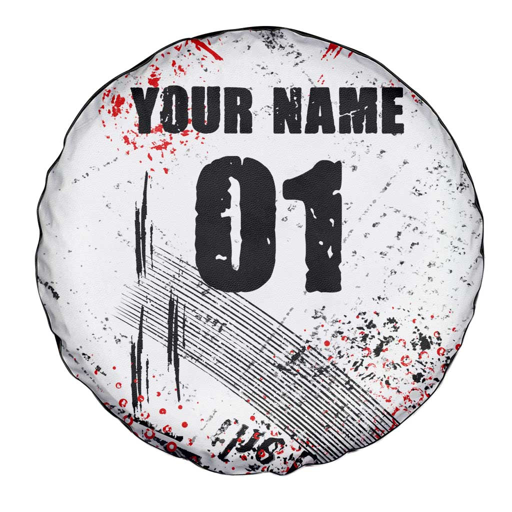 Motocross Rider Spare Tire Cover with Abstract Grunge Brush and Custom Number in Red and Black Splatter Design - Wonder Print Shop