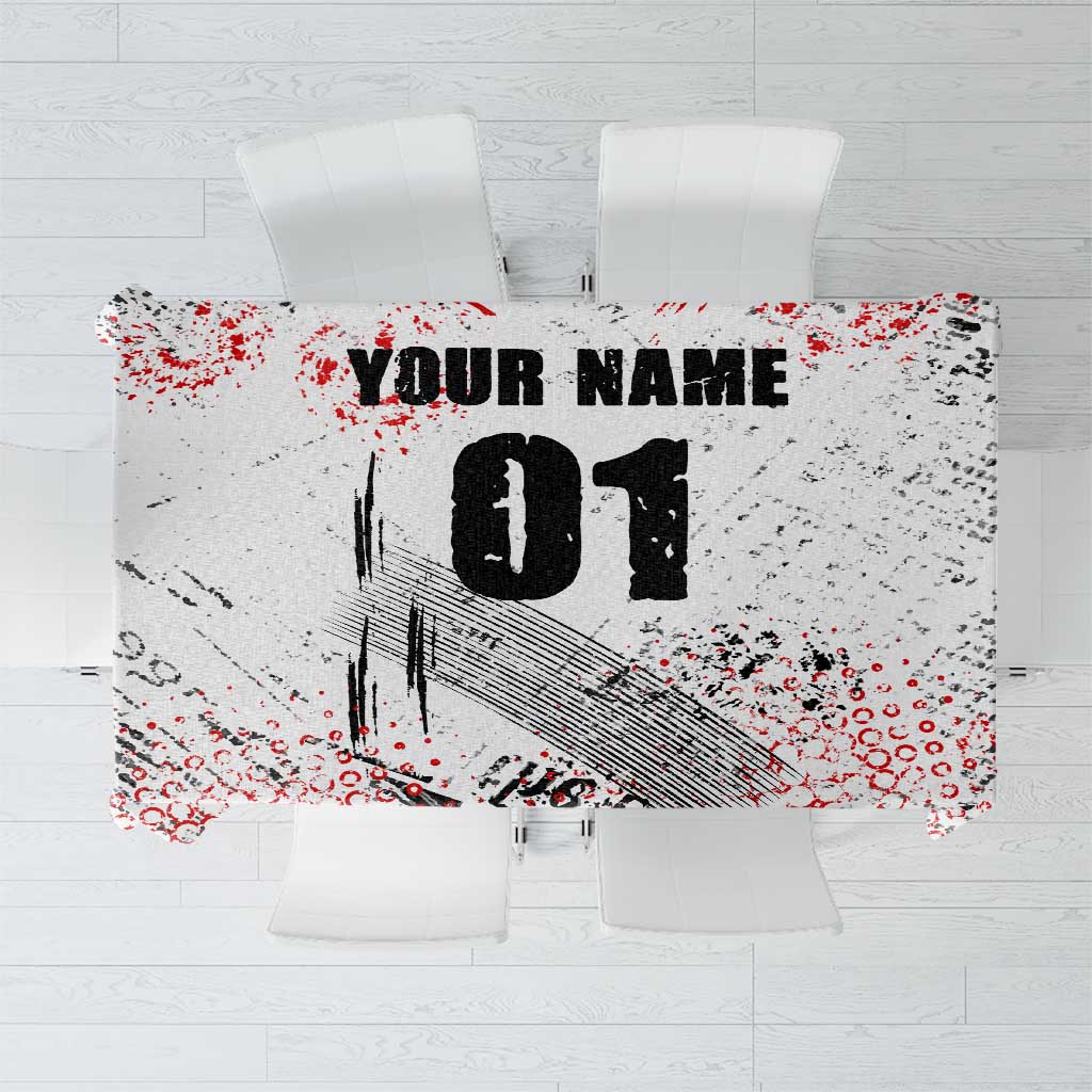 Motocross Rider Tablecloth with Abstract Grunge Brush and Custom Number in Red and Black Splatter Design - Wonder Print Shop