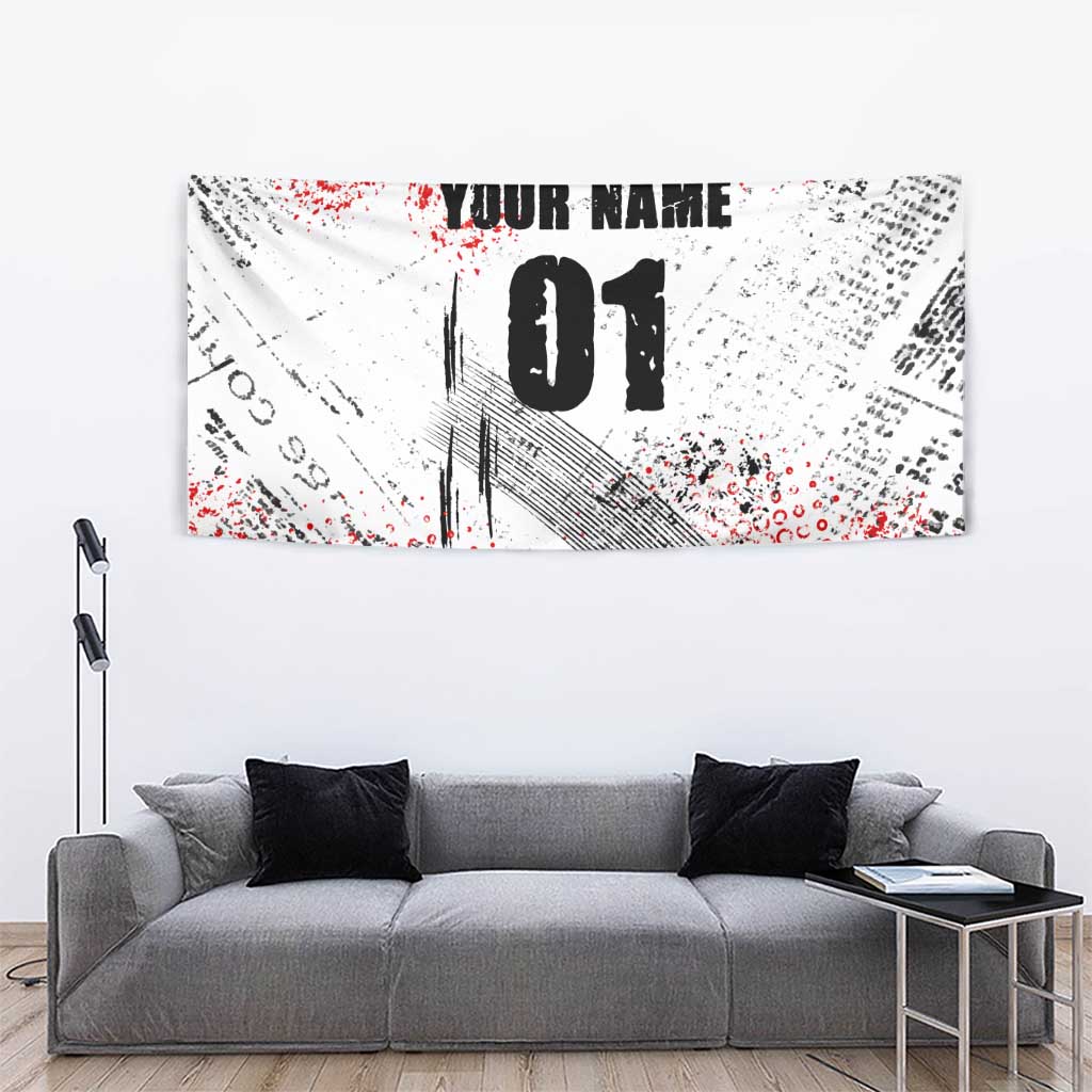 Motocross Rider Tapestry with Abstract Grunge Brush and Custom Number in Red and Black Splatter Design - Wonder Print Shop