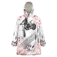 Motocross Rider Wearable Blanket Hoodie with Abstract Grunge Brush and Custom Number in Red and Black Splatter Design - Wonder Print Shop