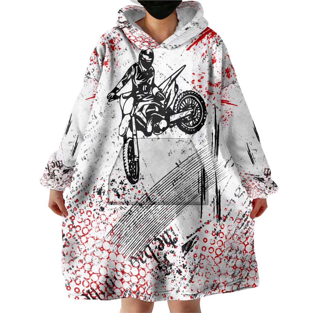 Motocross Rider Wearable Blanket Hoodie with Abstract Grunge Brush and Custom Number in Red and Black Splatter Design - Wonder Print Shop