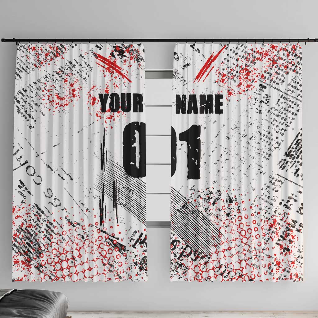 Motocross Rider Window Curtain with Abstract Grunge Brush and Custom Number in Red and Black Splatter Design - Wonder Print Shop