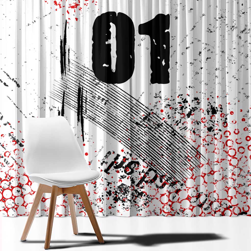 Motocross Rider Window Curtain with Abstract Grunge Brush and Custom Number in Red and Black Splatter Design - Wonder Print Shop