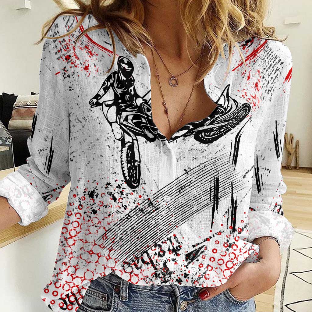 Motocross Rider Women Casual Shirt with Abstract Grunge Brush and Custom Number in Red and Black Splatter Design - Wonder Print Shop