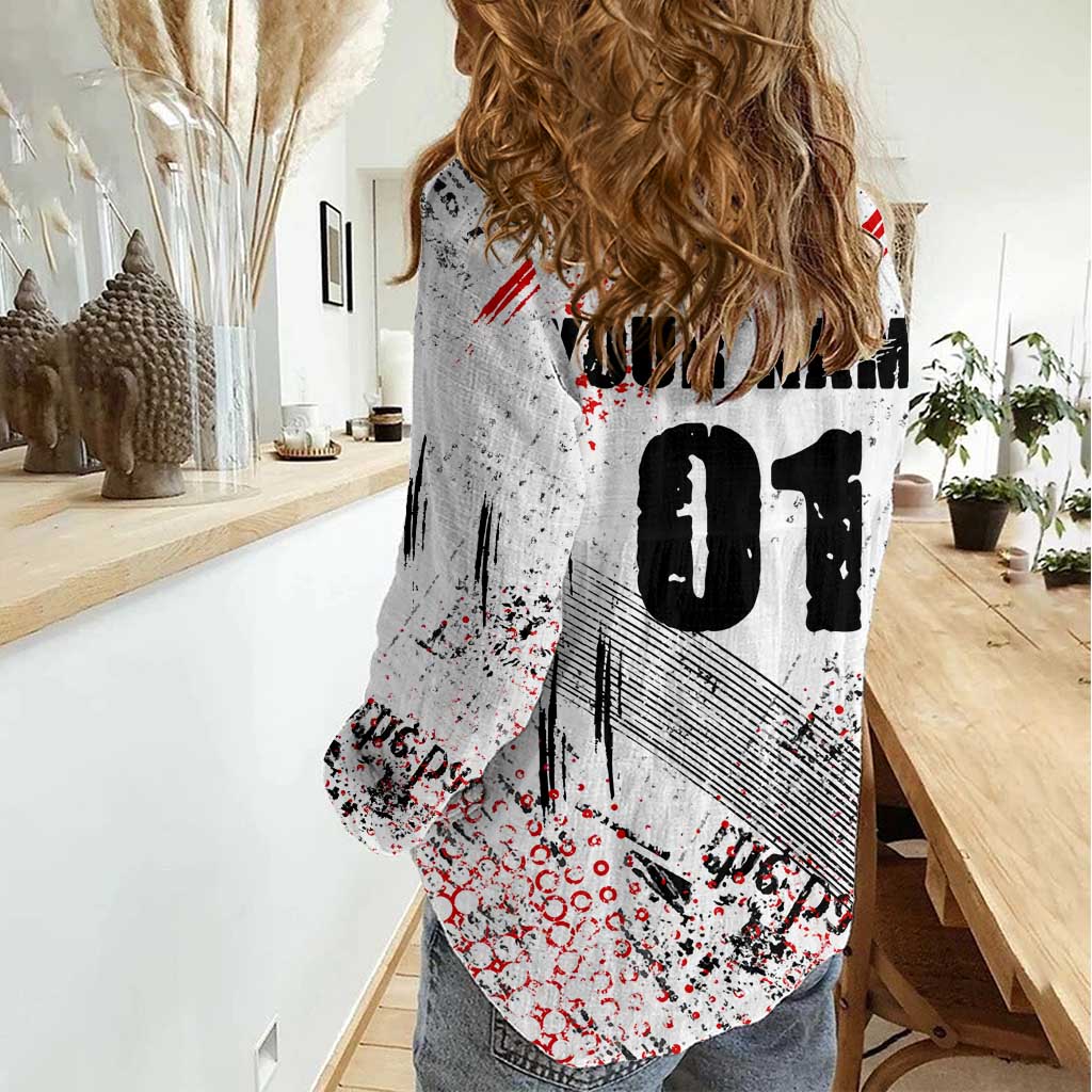 Motocross Rider Women Casual Shirt with Abstract Grunge Brush and Custom Number in Red and Black Splatter Design - Wonder Print Shop