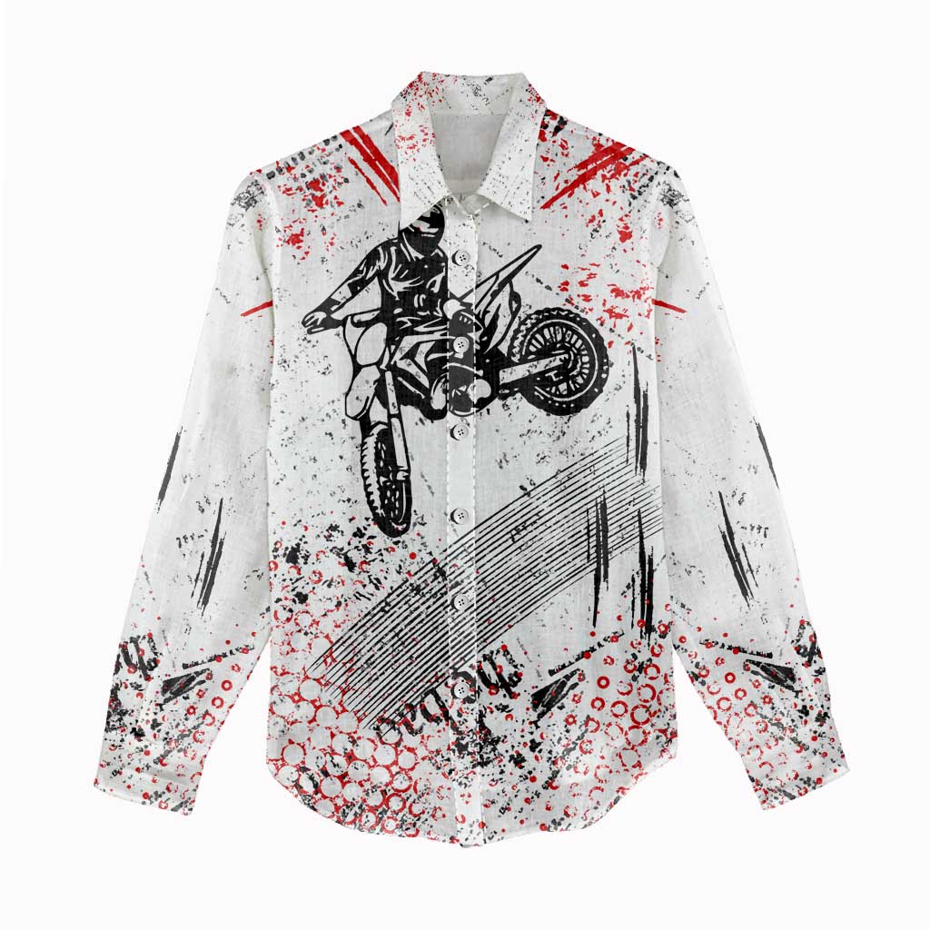 Motocross Rider Women Casual Shirt with Abstract Grunge Brush and Custom Number in Red and Black Splatter Design - Wonder Print Shop