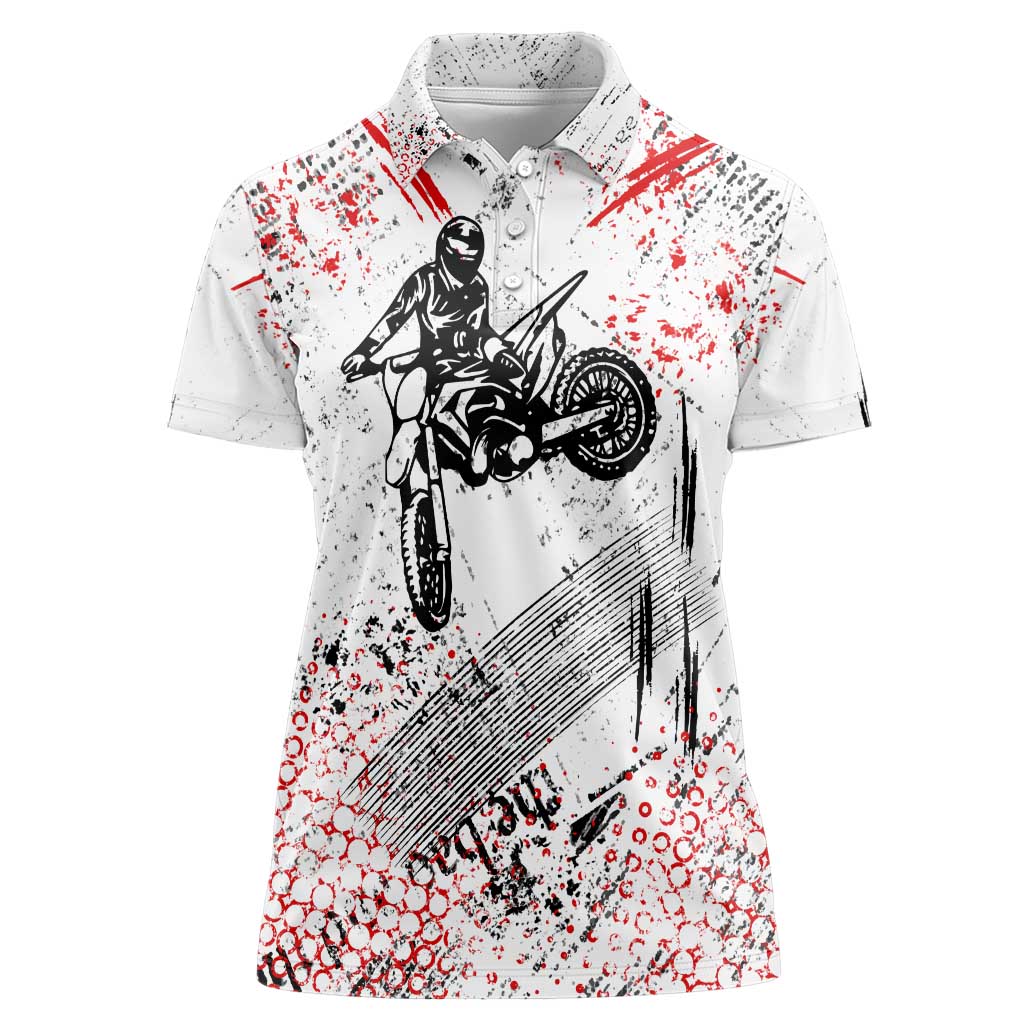 Motocross Rider Women Polo Shirt with Abstract Grunge Brush and Custom Number in Red and Black Splatter Design - Wonder Print Shop