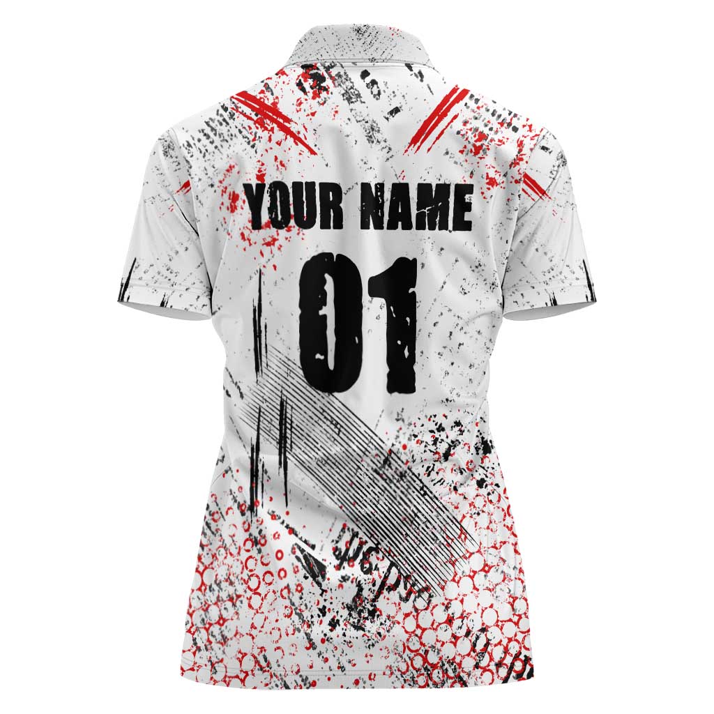 Motocross Rider Women Polo Shirt with Abstract Grunge Brush and Custom Number in Red and Black Splatter Design - Wonder Print Shop