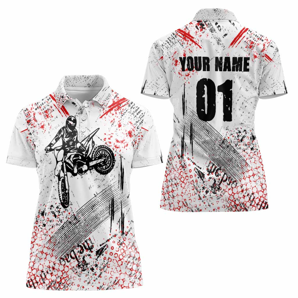 Motocross Rider Women Polo Shirt with Abstract Grunge Brush and Custom Number in Red and Black Splatter Design - Wonder Print Shop