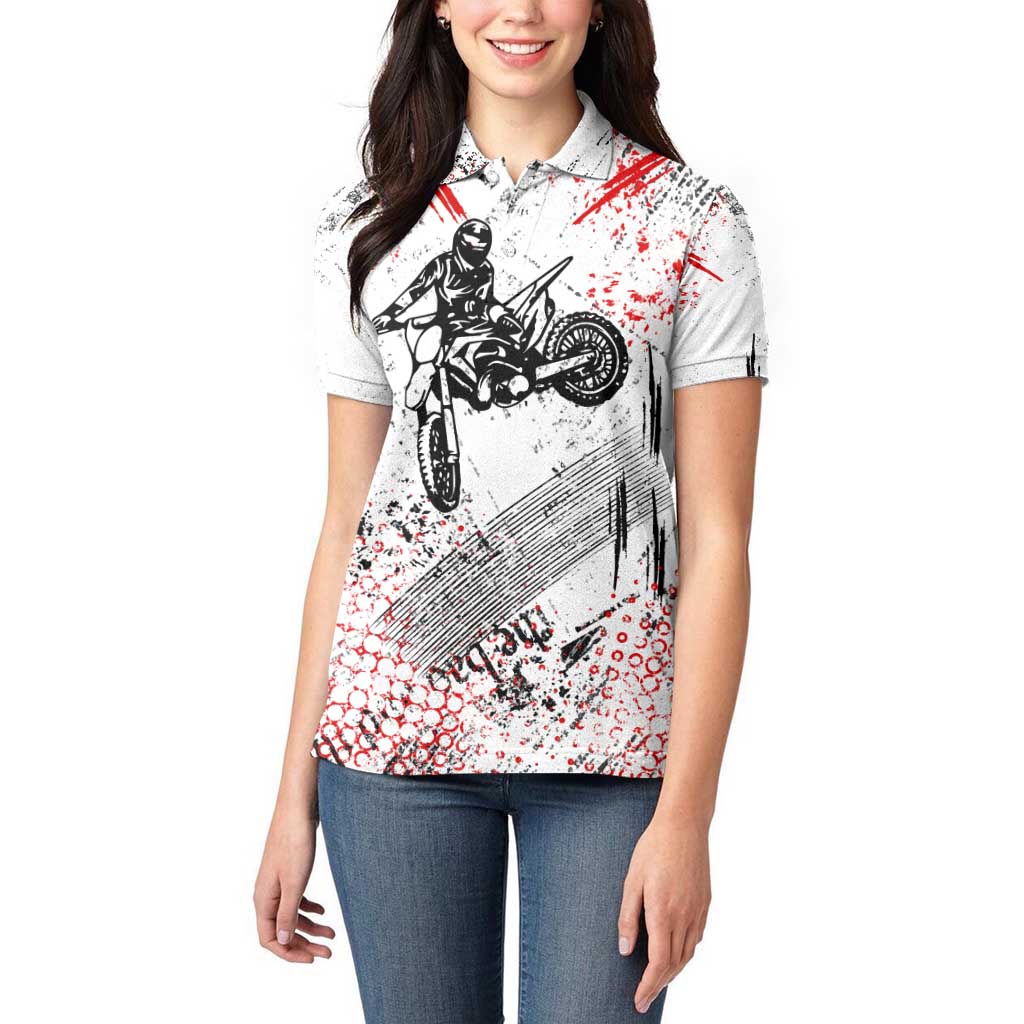 Motocross Rider Women Polo Shirt with Abstract Grunge Brush and Custom Number in Red and Black Splatter Design - Wonder Print Shop