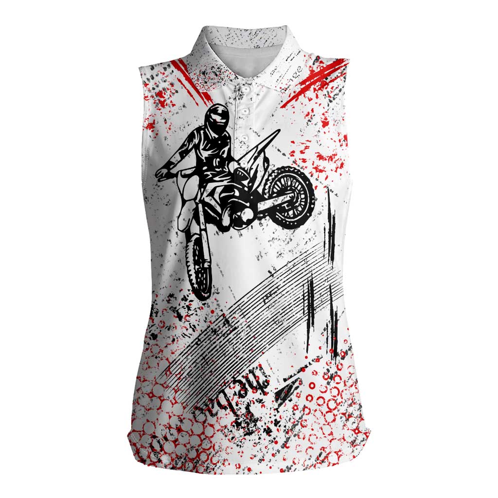 Motocross Rider Women Sleeveless Polo Shirt with Abstract Grunge Brush and Custom Number in Red and Black Splatter Design - Wonder Print Shop