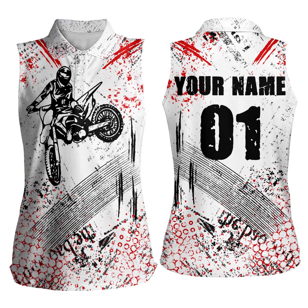 Motocross Rider Women Sleeveless Polo Shirt with Abstract Grunge Brush and Custom Number in Red and Black Splatter Design - Wonder Print Shop