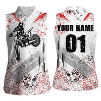 Motocross Rider Women Sleeveless Polo Shirt with Abstract Grunge Brush and Custom Number in Red and Black Splatter Design - Wonder Print Shop