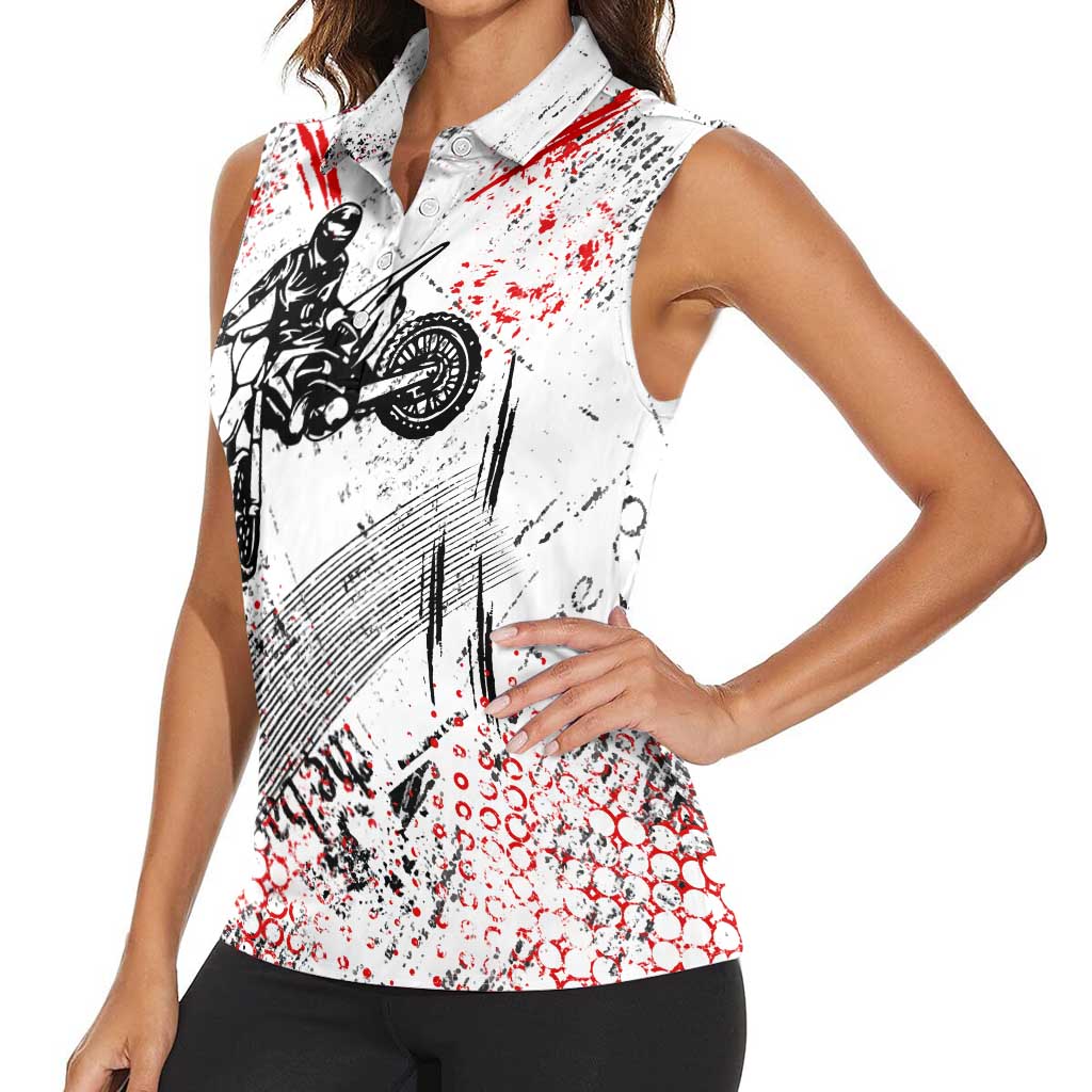 Motocross Rider Women Sleeveless Polo Shirt with Abstract Grunge Brush and Custom Number in Red and Black Splatter Design - Wonder Print Shop