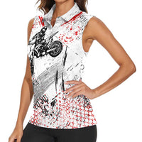 Motocross Rider Women Sleeveless Polo Shirt with Abstract Grunge Brush and Custom Number in Red and Black Splatter Design - Wonder Print Shop