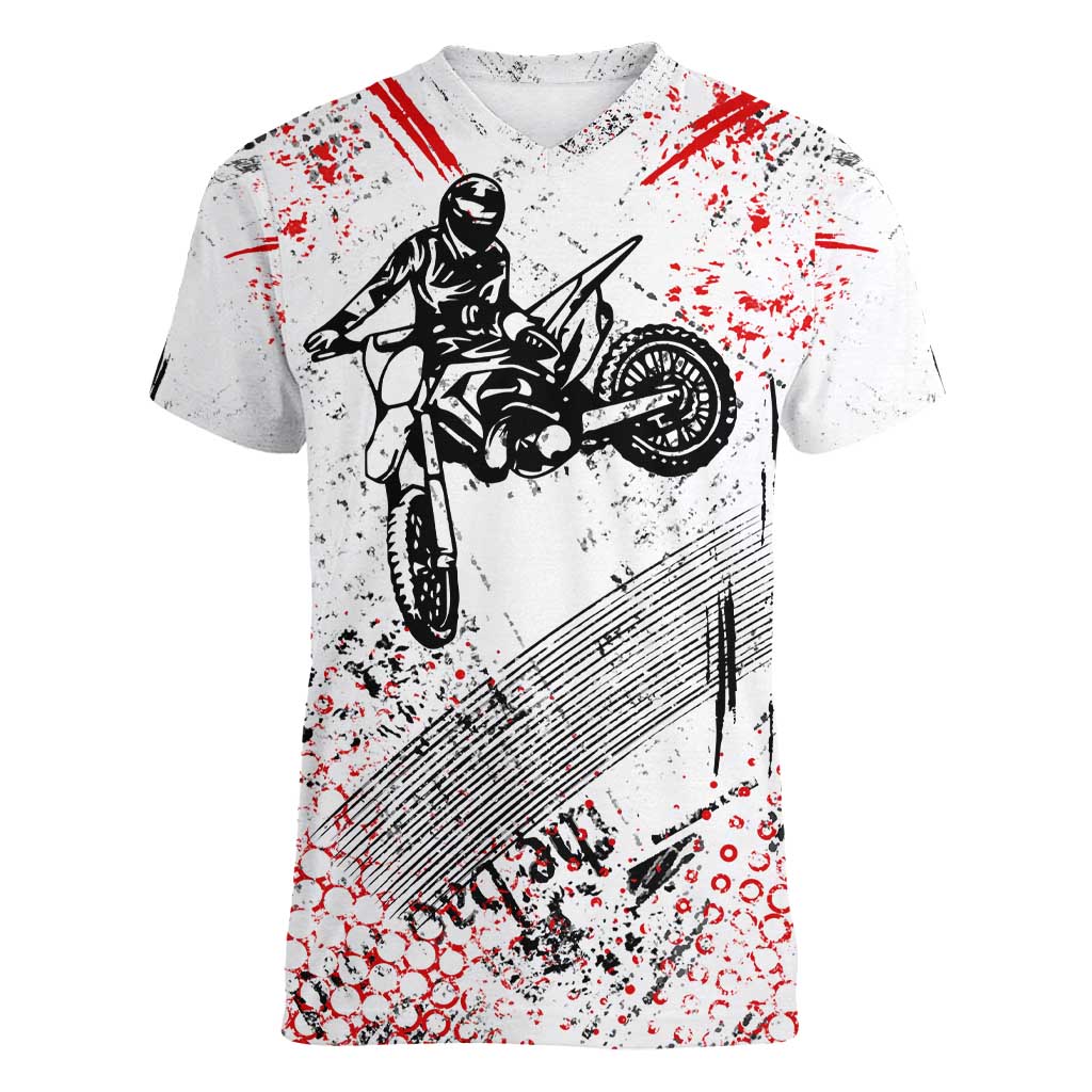 Motocross Rider Women V-Neck T-Shirt with Abstract Grunge Brush and Custom Number in Red and Black Splatter Design - Wonder Print Shop