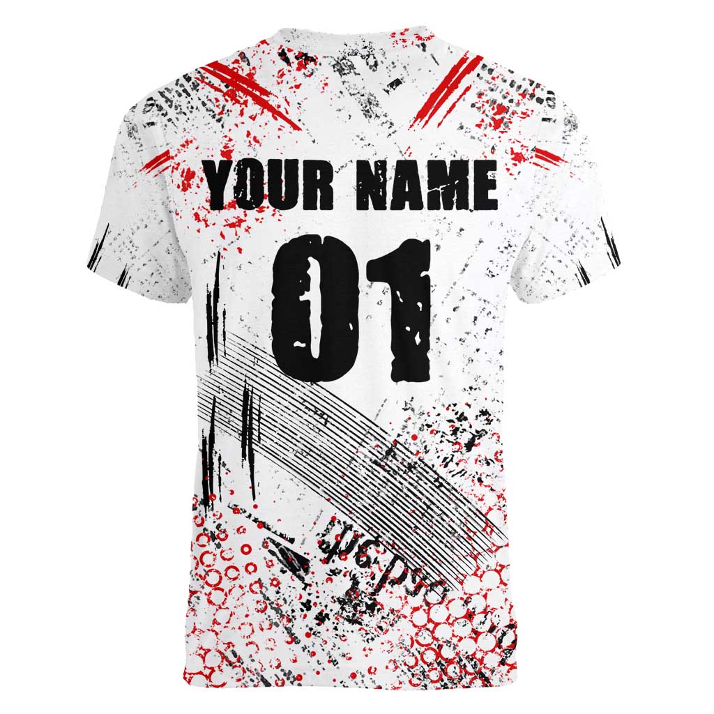 Motocross Rider Women V-Neck T-Shirt with Abstract Grunge Brush and Custom Number in Red and Black Splatter Design - Wonder Print Shop