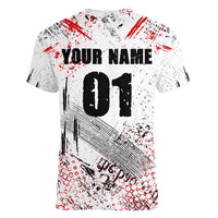 Motocross Rider Women V-Neck T-Shirt with Abstract Grunge Brush and Custom Number in Red and Black Splatter Design - Wonder Print Shop