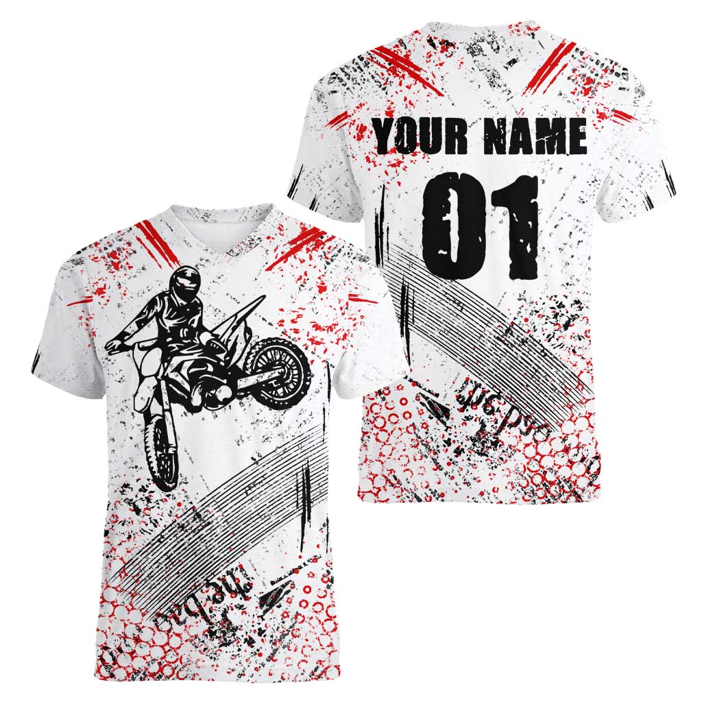 Motocross Rider Women V-Neck T-Shirt with Abstract Grunge Brush and Custom Number in Red and Black Splatter Design - Wonder Print Shop