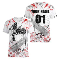Motocross Rider Women V-Neck T-Shirt with Abstract Grunge Brush and Custom Number in Red and Black Splatter Design - Wonder Print Shop