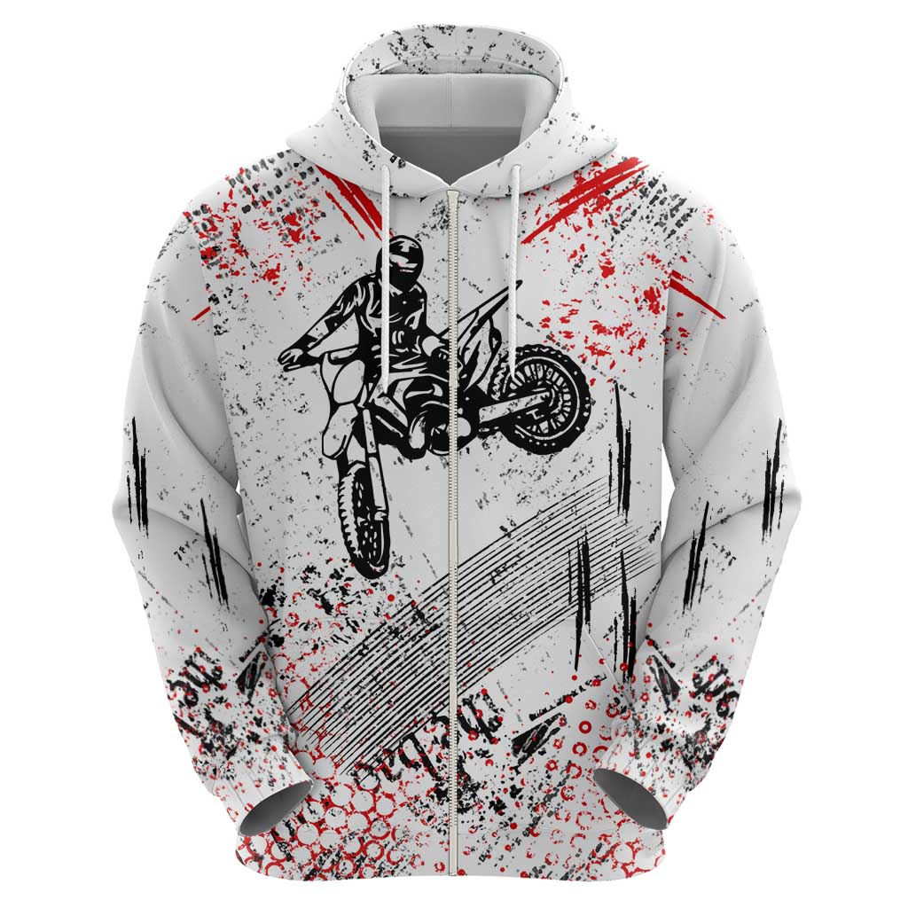 Motocross Rider Zip Hoodie with Abstract Grunge Brush and Custom Number in Red and Black Splatter Design - Wonder Print Shop
