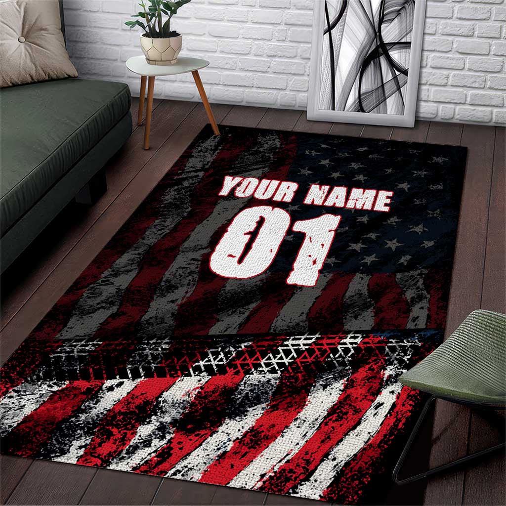 Motocross Rider Area Rug with American Flag Background and Extreme Text in Red and Black Grunge Design - Wonder Print Shop