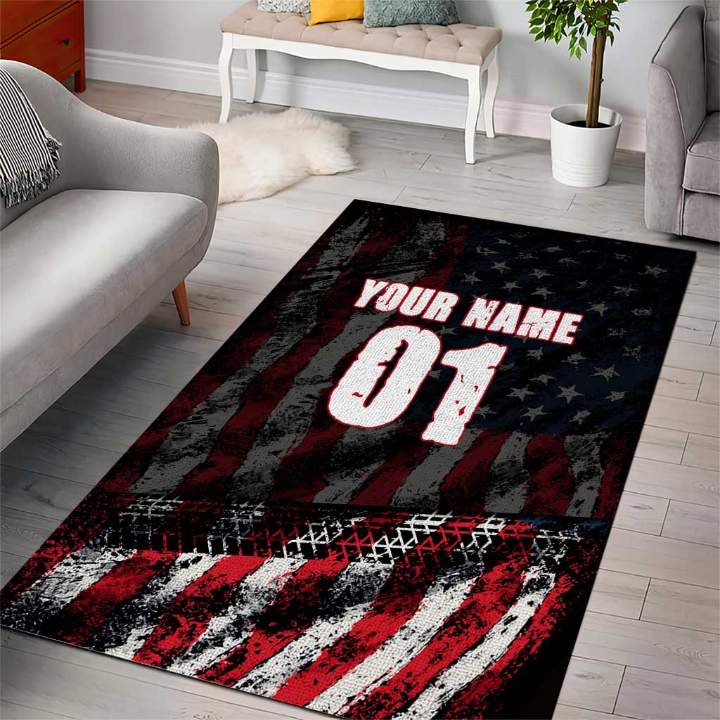Motocross Rider Area Rug with American Flag Background and Extreme Text in Red and Black Grunge Design - Wonder Print Shop