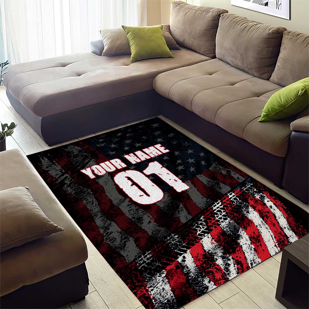 Motocross Rider Area Rug with American Flag Background and Extreme Text in Red and Black Grunge Design - Wonder Print Shop