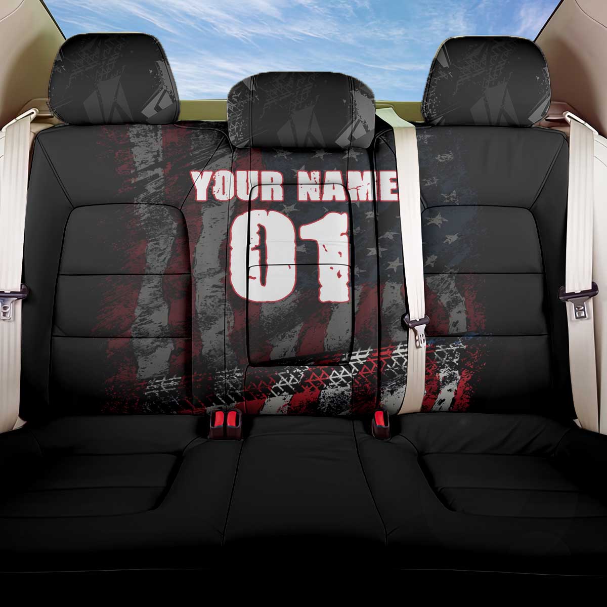 Motocross Rider Back Car Seat Cover with American Flag Background and Extreme Text in Red and Black Grunge Design - Wonder Print Shop