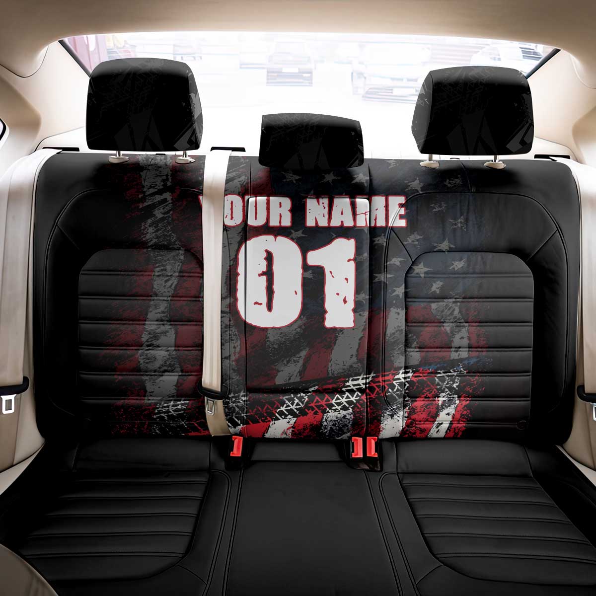 Motocross Rider Back Car Seat Cover with American Flag Background and Extreme Text in Red and Black Grunge Design - Wonder Print Shop