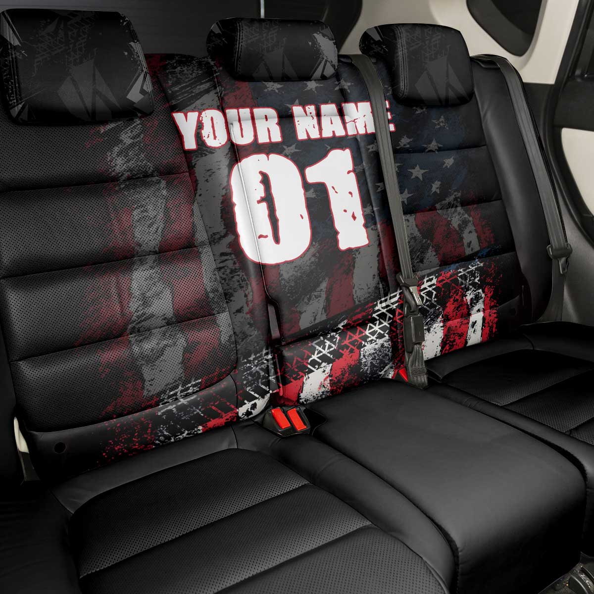 Motocross Rider Back Car Seat Cover with American Flag Background and Extreme Text in Red and Black Grunge Design - Wonder Print Shop