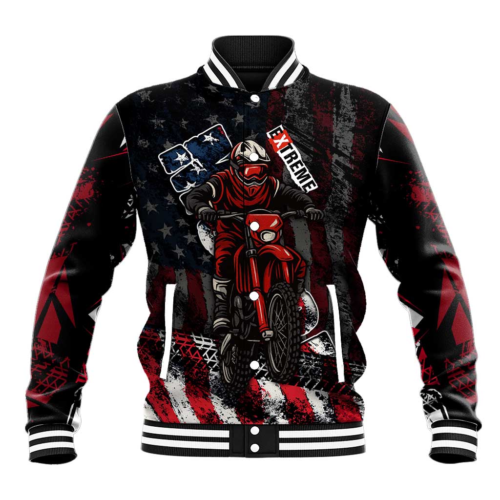 Motocross Rider Baseball Jacket with American Flag Background and Extreme Text in Red and Black Grunge Design - Wonder Print Shop
