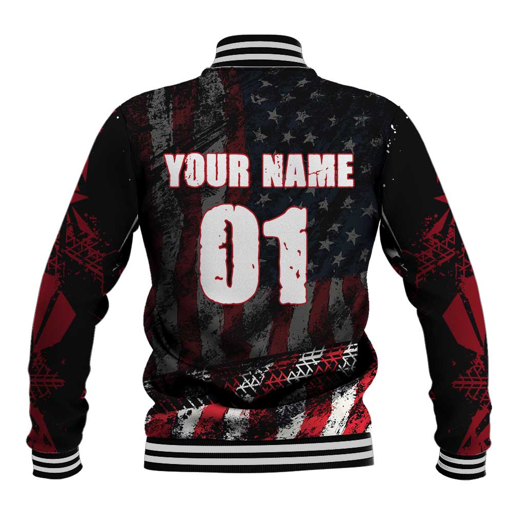 Motocross Rider Baseball Jacket with American Flag Background and Extreme Text in Red and Black Grunge Design - Wonder Print Shop