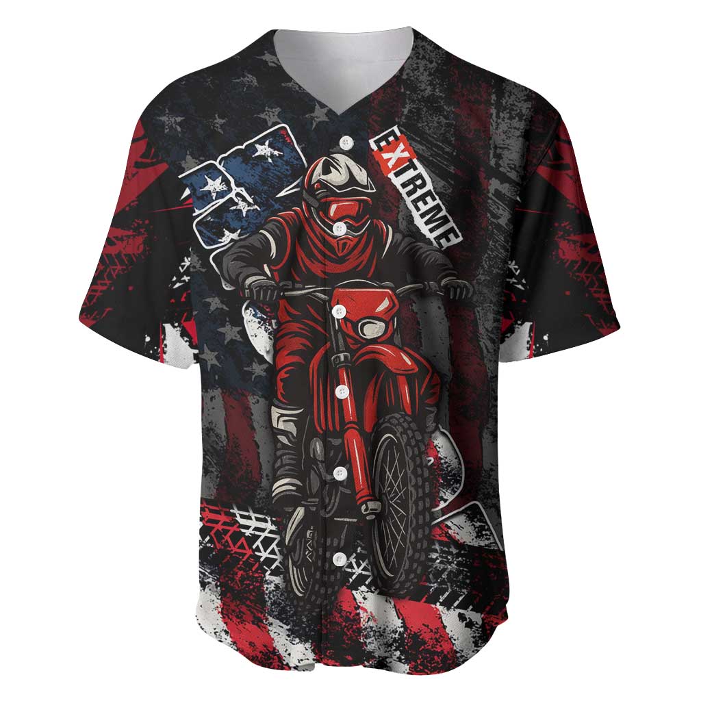 Motocross Rider Baseball Jersey with American Flag Background and Extreme Text in Red and Black Grunge Design - Wonder Print Shop
