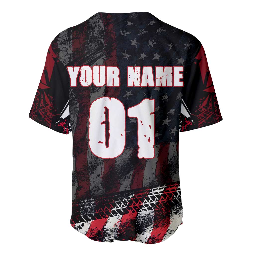Motocross Rider Baseball Jersey with American Flag Background and Extreme Text in Red and Black Grunge Design - Wonder Print Shop