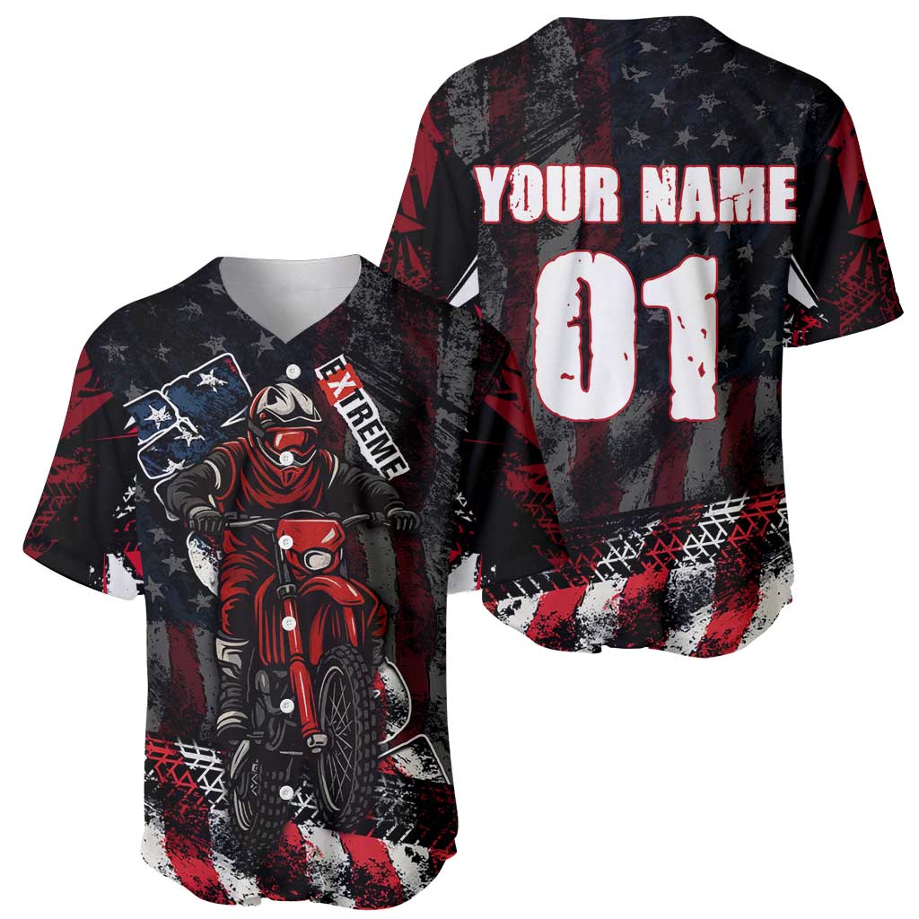 Motocross Rider Baseball Jersey with American Flag Background and Extreme Text in Red and Black Grunge Design - Wonder Print Shop