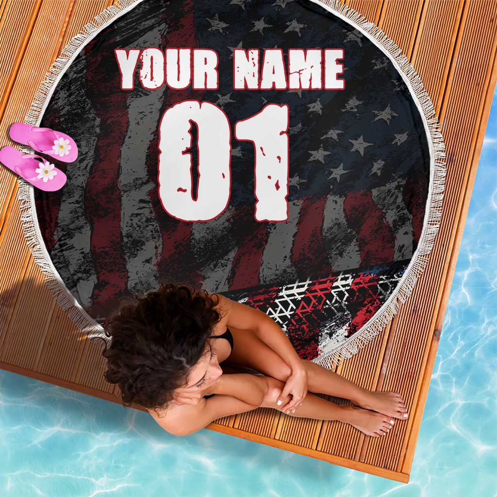 Motocross Rider Beach Blanket with American Flag Background and Extreme Text in Red and Black Grunge Design - Wonder Print Shop